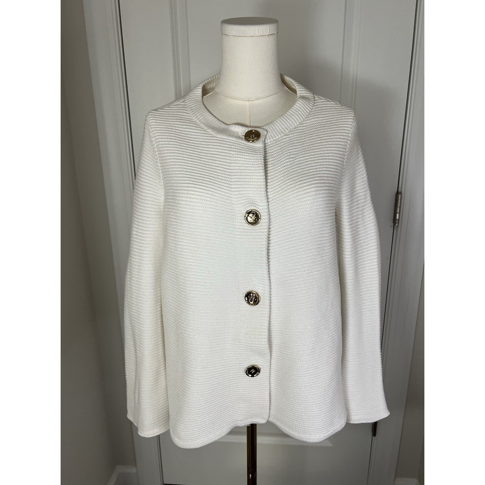 J McLaughlin Open Front White Ivory Cardigan Gold Buttons Long Sleeve Small